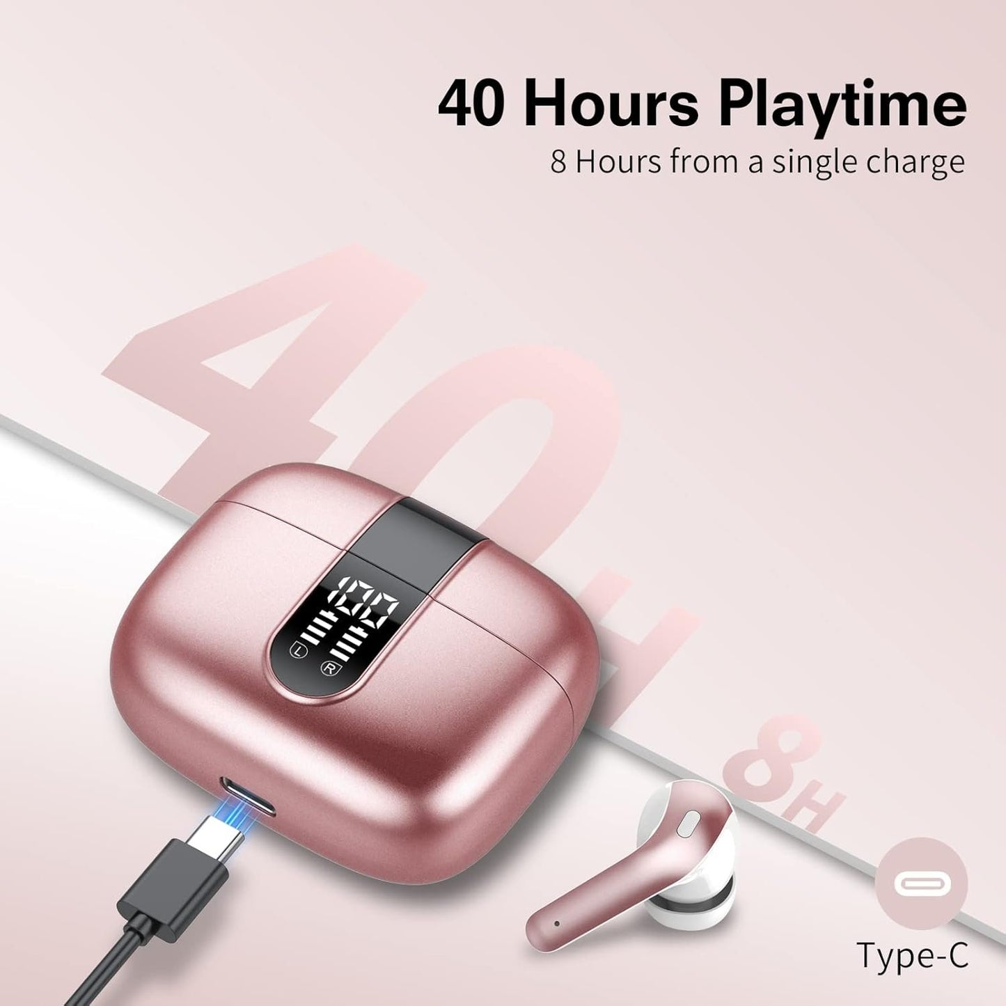 Wireless Earbuds, Bluetooth 5.3 Headphones with 4 ENC Call Noise Cancelling Mics, Bass Boost 85%, IPX7 Waterproof, 50Hrs Playtime, Mini Earbuds for Work, Sleep, Travel, USB-C, Rose