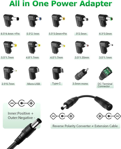 Arkare 36W Universal AC Adapter 12V 3A Variable Power Supply Adapter AC 100-240V to DC 3V 5V 4.5V 6V 9V 12V 3A 2A 1.5A 1A 0.5A Adjustable Switching Multi Voltage Power with 15 Tips+ Polarity Converter