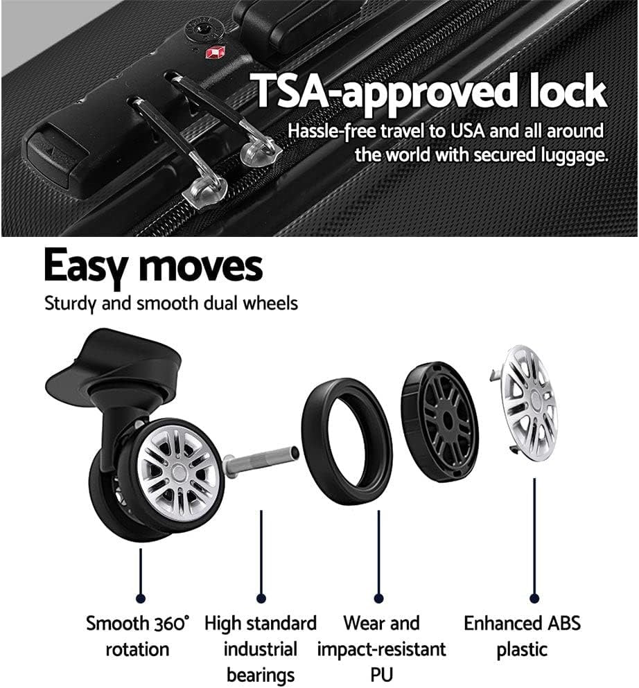 Wanderlite Luggage Set 3pcs Black Suitcase Storage Organizer Hand Luggages Travel Hard Case Hardside, Lightweight Trolley Carry on Bag, TSA Lock 4 Universal Wheels