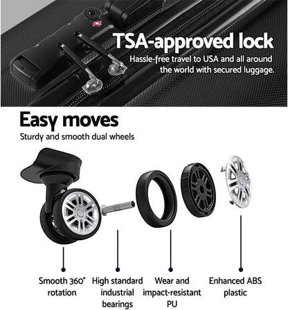 Wanderlite Luggage Set 3pcs Black Suitcase Storage Organizer Hand Luggages Travel Hard Case Hardside, Lightweight Trolley Carry on Bag, TSA Lock 4 Universal Wheels