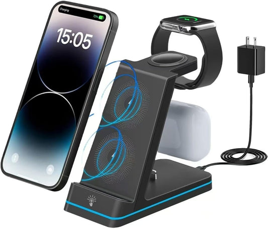 3 in 1 Charging Station Wireless Charger for iPhone 16 15 14 13 12 11 X, Apple Watch, Charging Dock for AirPods by Lightning (QC3.0 Adapter Included) (Black)