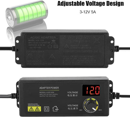 Adjustable Power Adapter, 3-12 V 60 W 5 A Non-Interference Power Adapter, Universal Adjustable Power Adapter, for Home Electronics and Devices