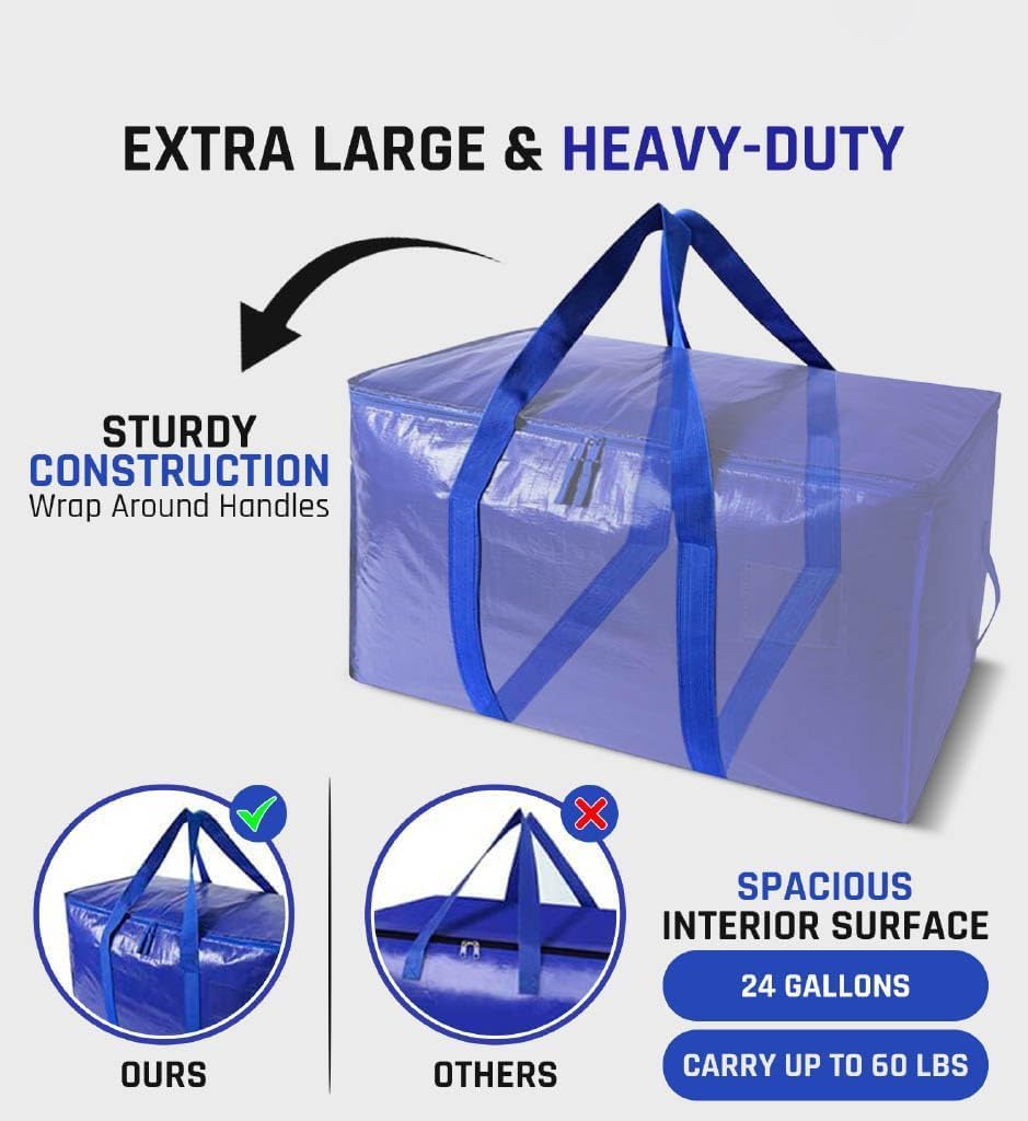 Heavy Duty Moving Bags with Zippers and Strong Handles, Packing Bags for Moving, Storage, Travel, Camping, Space-Saving Alternative to Moving Boxes, College Essentials, Moving Supplies (3Blue&3Black)