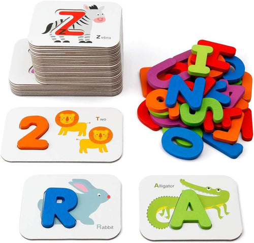 Coogam Numbers and Alphabets Flash Cards Set - ABC Wooden Letters and Numbers Animal Card Board Matching Puzzle Game Montessori Educational Toys Toddlers Age 2 3 4 5 Preschool and Up Years