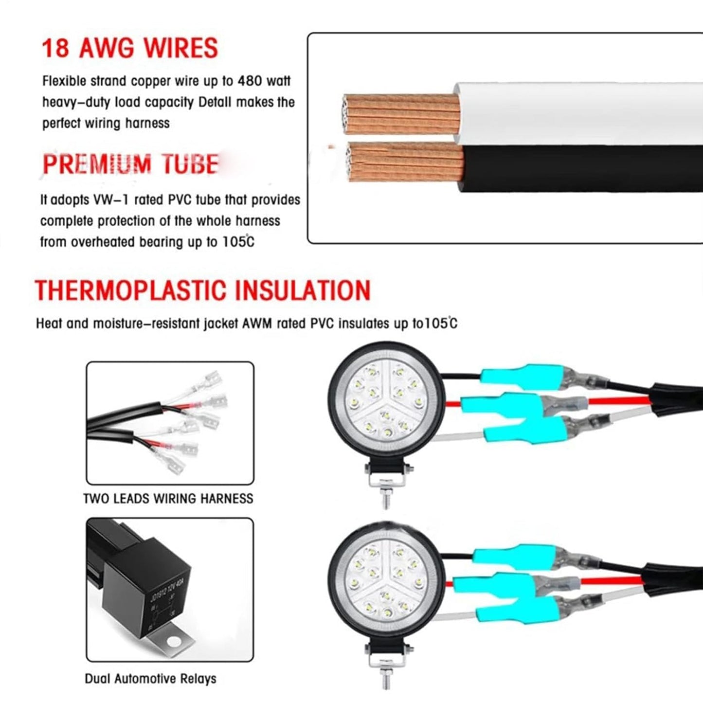 Light Wiring Kit, Harness Relay Fuse Durabled Lead Wire, Fog Light Electrical Gear for Easy Installation, Compatible with Work Lights Vehicle Lighting Accessories