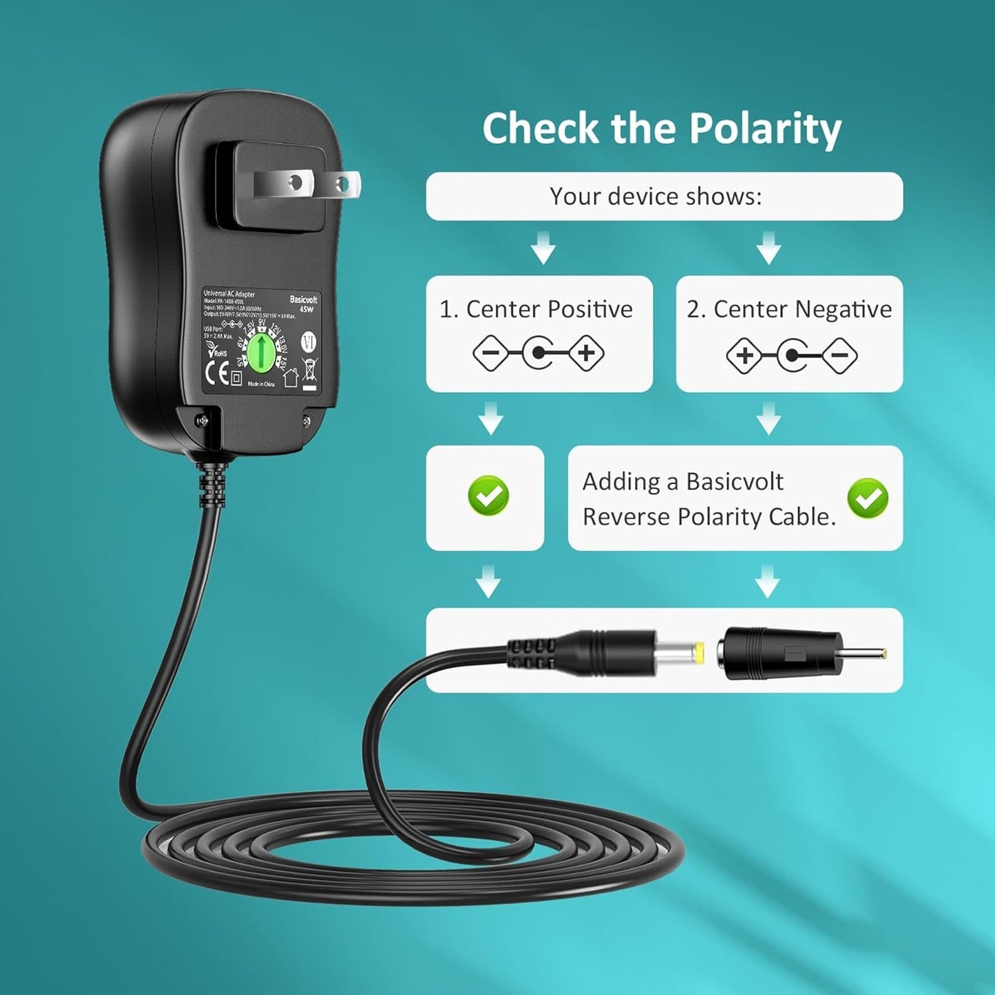 Basicvolt 45W 5V 6V 7.5V 9V 12V 13.5V 15V 3A Universal AC to DC Adapter Power Supply for Household Electronics LED Strip Light Tablet PC Scales Router Bluetooth Speaker CCTV Camera - 5V 2A USB