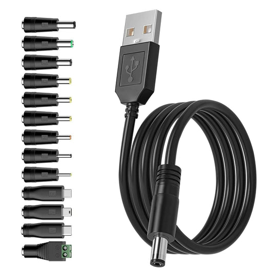 Tonton 5V Universal USB to DC Charger Charging Cable, 5.5x2.1mm DC Plug Power Cable with 13 Adapter Plugs for Mini Portable Fan, Bluetooth Speaker, Webcam, Router, Mobile Phone, Power Bank, USB Hub