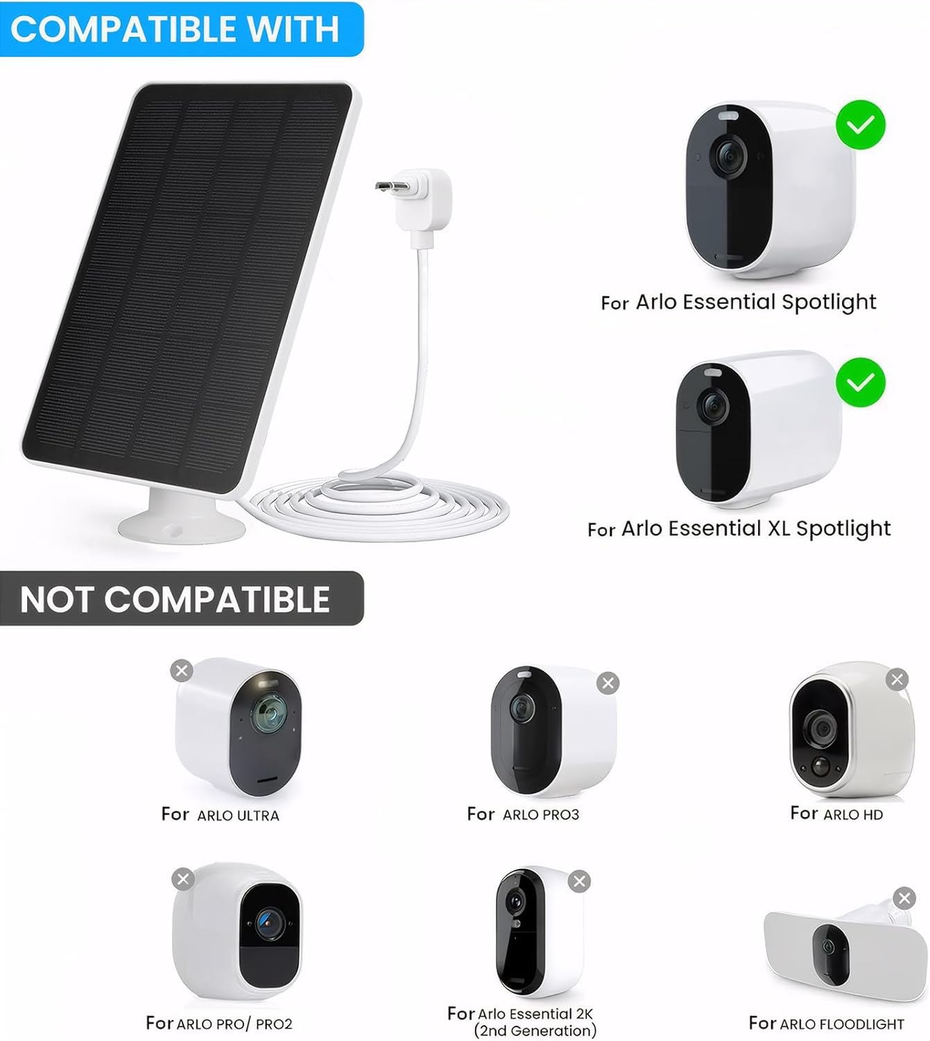 AZURAOKEY Solar Panel Charger Compatible with Arlo Essential Spotlight/XL Spotlight, 4W/6W Arlo Essential Solar Panel Charger, Waterproof with 9.8ft Micro USB Cable & Wall Mount