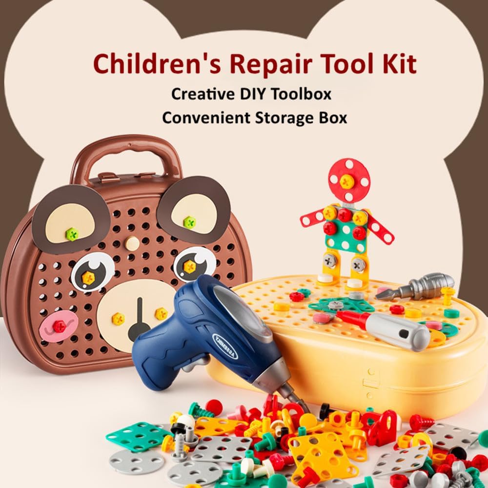 Montessori Toys Tool Set Play Toolbox for Boys Ages 3-12 Years Old, Bear Tool Box Fine Motor DIY STEM Toy, Puzzle Game Toy Set with Electric Drill Screw Tool Set, Creative Kids