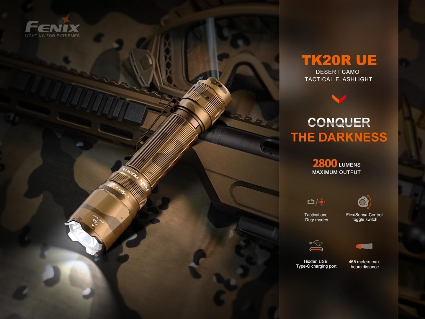 Fenix TK20R UE 2800 Lumen Rechargeable Tactical Flashlight ** Canadian Edition (Tan)