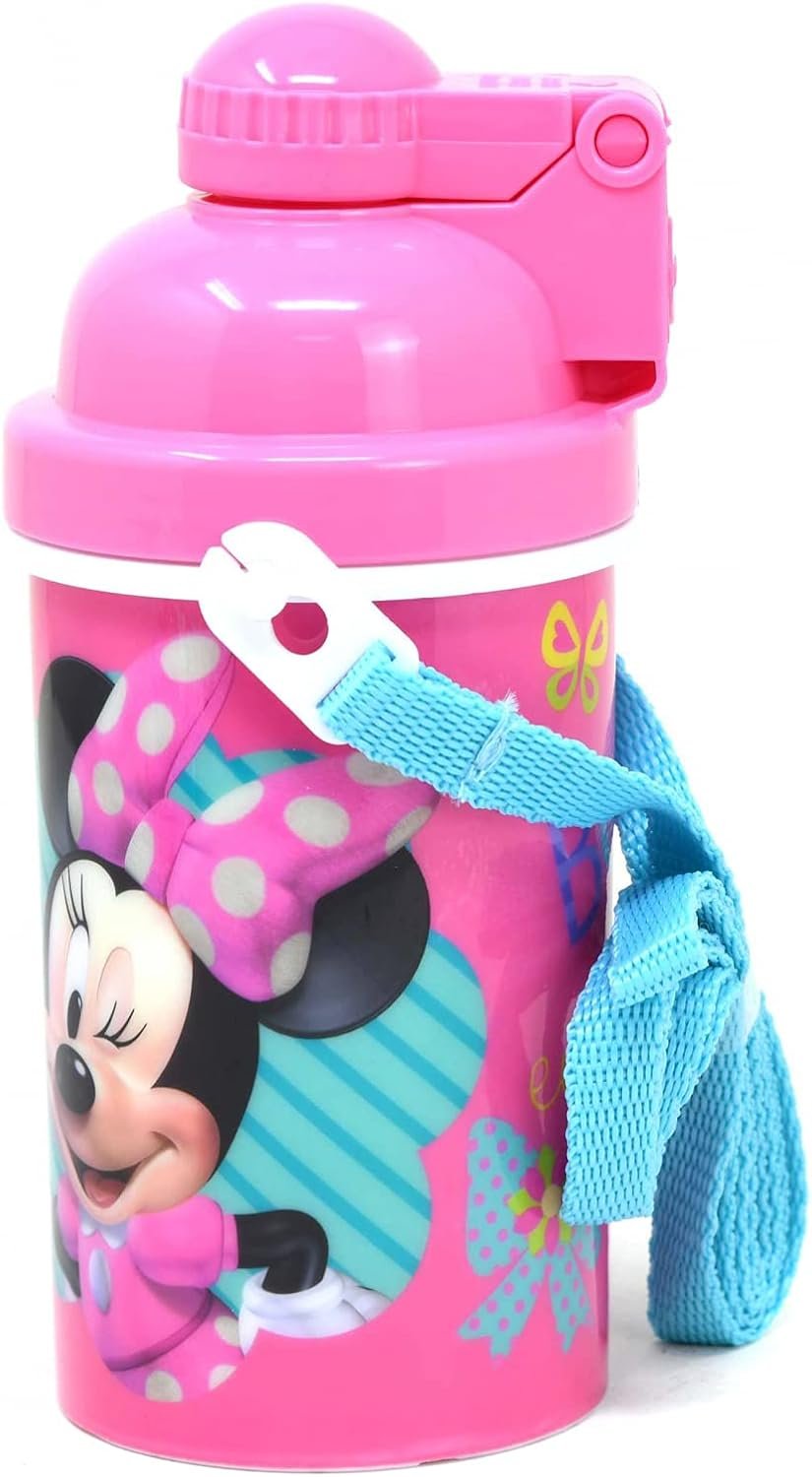 Zak Designs Disney Classic Minnie Carrying Strap One Touch Water Bottles with Reusable Built in Straw - Safe Approved BPA Free, Easy to Clean (Minnie Canteen 16.9oz)