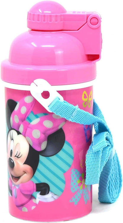 Zak Designs Disney Classic Minnie Carrying Strap One Touch Water Bottles with Reusable Built in Straw - Safe Approved BPA Free, Easy to Clean (Minnie Canteen 16.9oz)