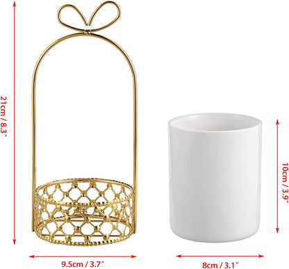 JUXYES Ceramic Silverware Holder For Tabletop, White Cutlery Holder With Golden Metal Bracket, Decorative Flatware Holder Countertop Utensil Holder Organizer for Wedding Kitchen Dining Tables