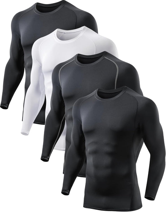 TELALEO 4 Pack Compression Shirts for Men Long/Shorts Sleeve Athletic Undershirt Base Layer Rash Guard Gear T Shirt