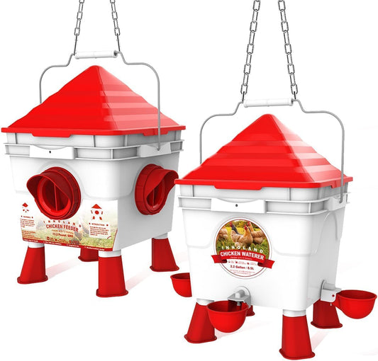 INNOLAND Chicken Feeder and Drinker Set 6kg/8.5L | Chicken Drinker, Automatic Chicken Feeder 4 Openings/4 Cups, Adjustable Feet, Steel Chains for Poultry