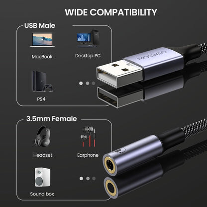 MOSWAG USB to Audio Jack Adapter 0.65Feet/20cm,External Sound Card Jack Audio Adapter with 3.5mm Aux Stereo Converter Compatible with Headset,PC,Laptop,Linux,Desktops,PS4 and More Device