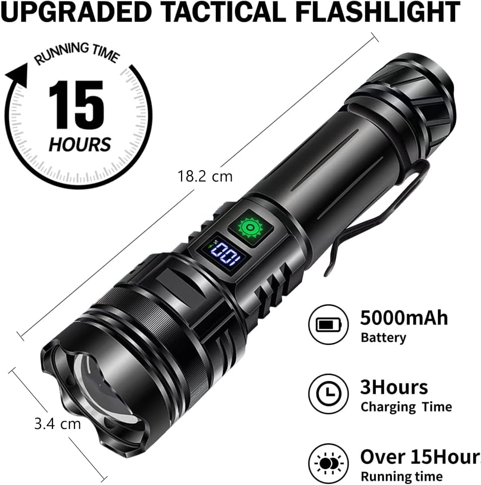Flashlights High Lumens Rechargeable, 990,000 Lumens Super Bright Flashlight with LCD Digital Display,IPX7 Waterproof,Zoom,Powerful Tactical Flashlight for Emergencies, Camping