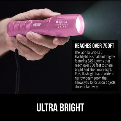 GORILLA GRIP Powerful LED 750 FT Water Resistant 5 Adjustable Mode Tactical Flashlight, High Lumens Ultra Bright Battery Life Zoom Flashlights, Small Camping Car Mini Flash Light Accessories, Pink