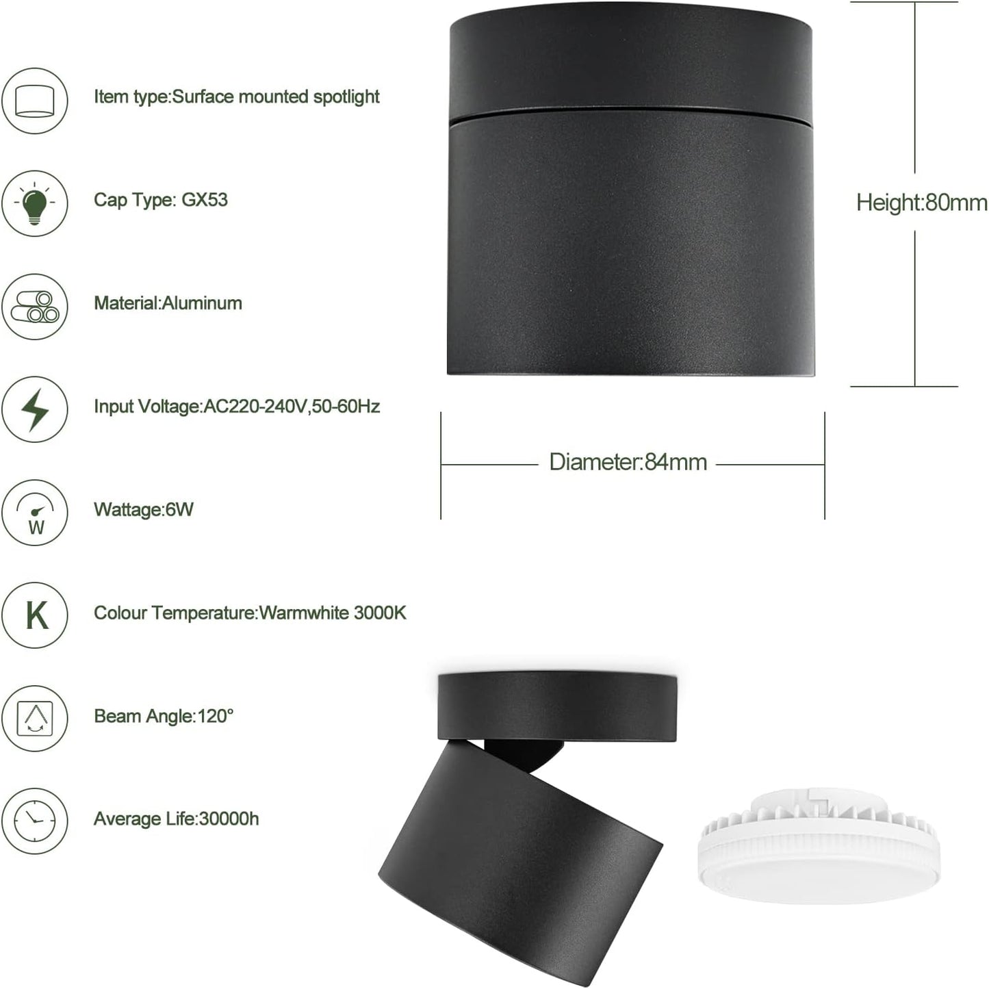 KYOTECH Adjustable LED Ceiling Spotlight Ø84 x 80 mm with Interchangeable 6 W GX53 LED Bulb Spot Light Black Ceiling Spotlights Warm White Light 3000 K 550 LM Ceiling Light