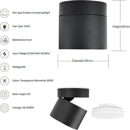 KYOTECH Adjustable LED Ceiling Spotlight Ø84 x 80 mm with Interchangeable 6 W GX53 LED Bulb Spot Light Black Ceiling Spotlights Warm White Light 3000 K 550 LM Ceiling Light