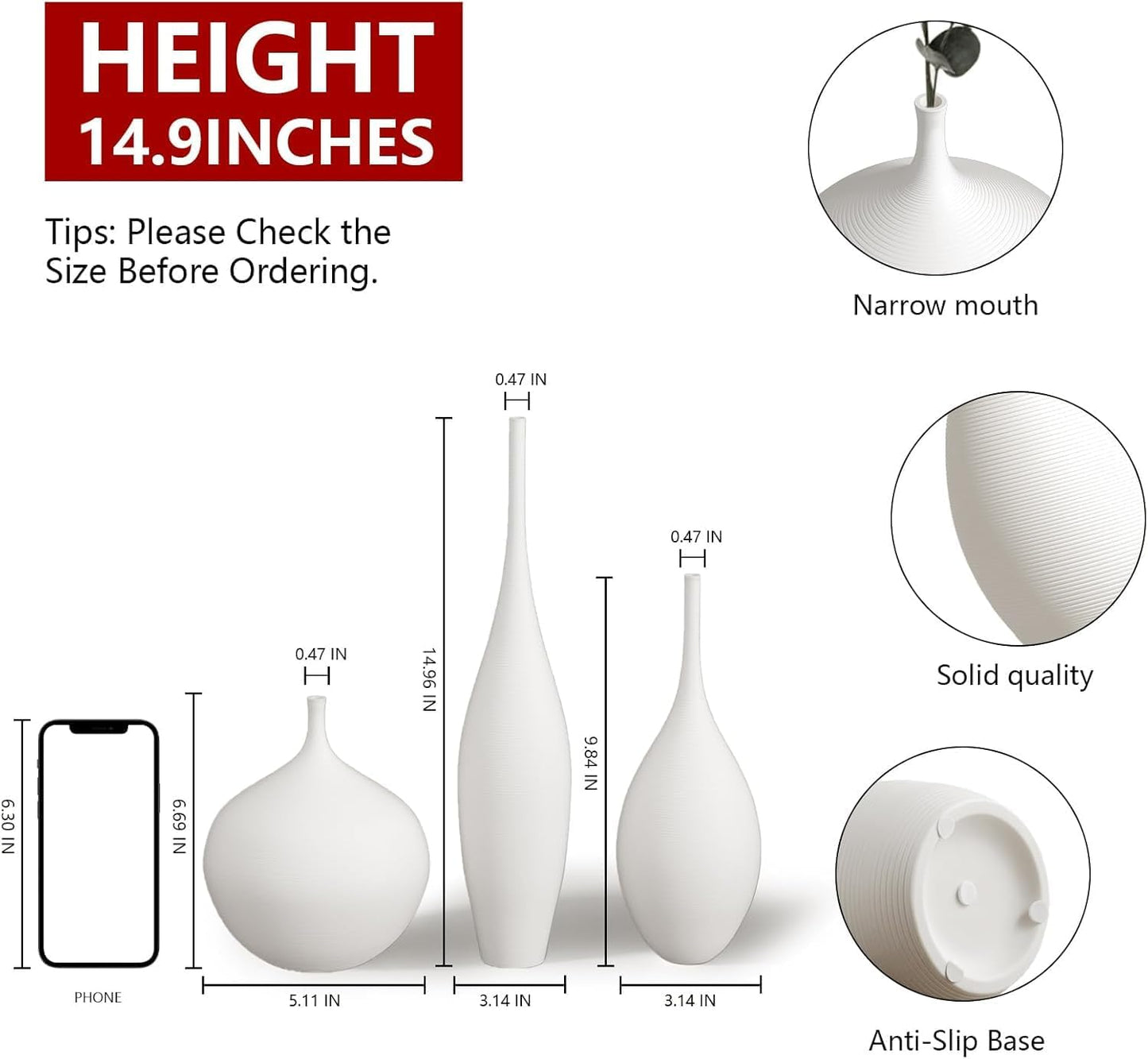 White Ceramic Vase Modern Boho Wabi-Sabi Flower Vase Set of 3 Decorative Aesthetic Vases for Centerpieces Pampas Matte Minimalist Vase for Living Room Table Shelf Home Decor Gift