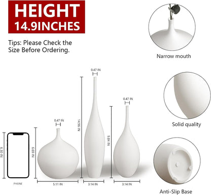 White Ceramic Vase Modern Boho Wabi-Sabi Flower Vase Set of 3 Decorative Aesthetic Vases for Centerpieces Pampas Matte Minimalist Vase for Living Room Table Shelf Home Decor Gift