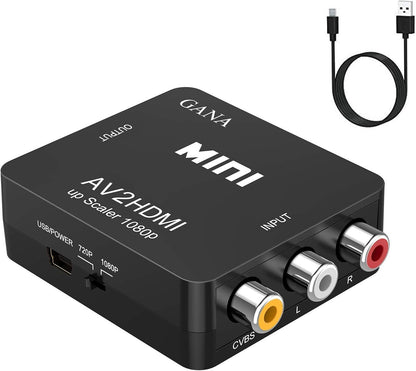 GANA RCA to HDMI, 1080P Mini RCA Composite CVBS AV to HDMI Video Audio Converter Adapter Supporting PAL/NTSC with USB Charge Cable for PC Laptop Xbox PS4 PS3 TV STB VHS VCR Camera DVD