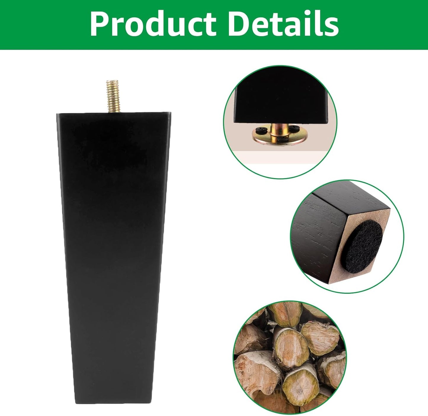 VIDETOL 4 x Wooden Table Legs, 15cm Wooden Feet with Mounting Plates, Rubber Pads and Screws, Black Wooden Feet for Bed, Sofa, Furniture