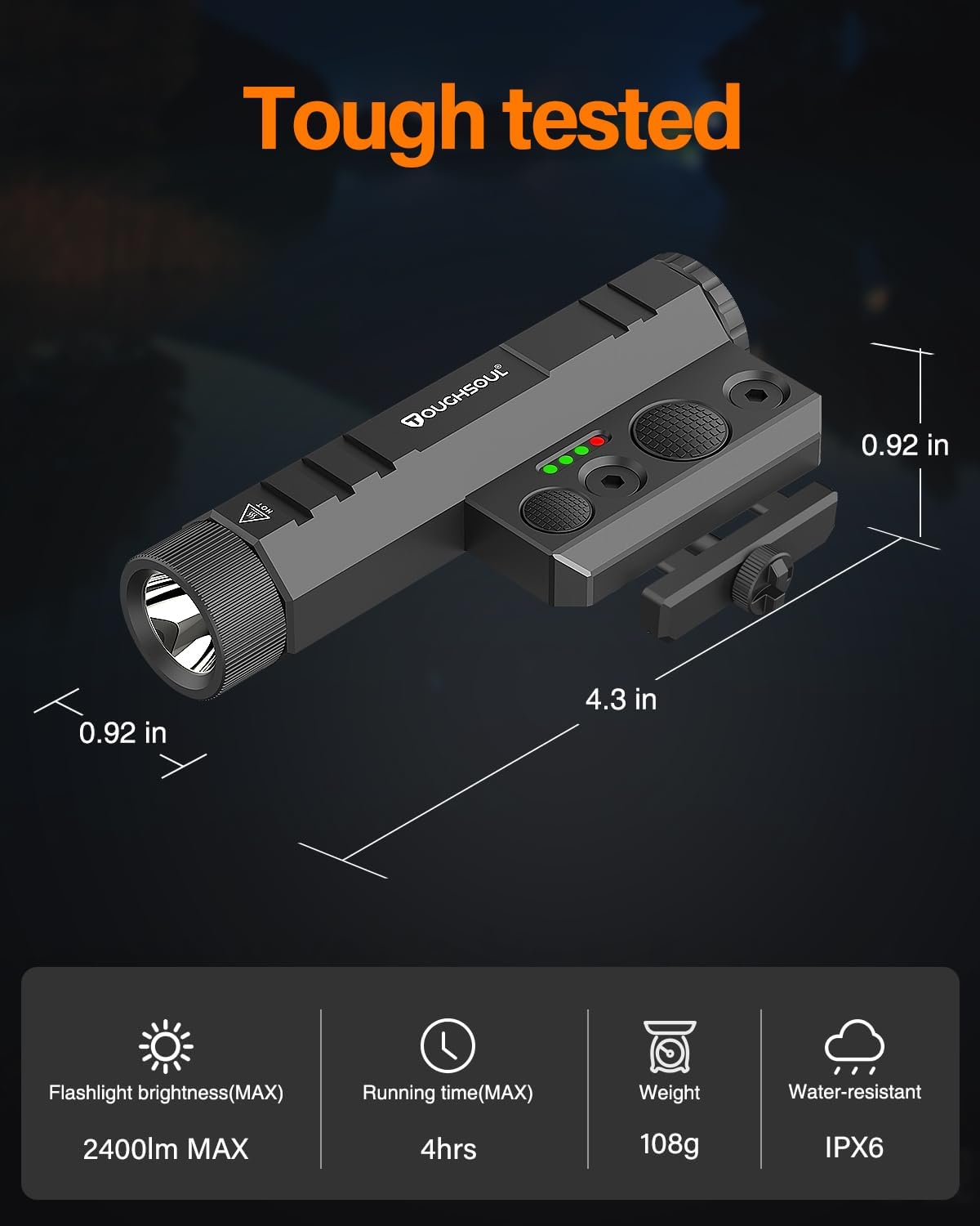 TOUGHSOUL Mlok Tactical Flashlight 2400 Lumen with Momentary Strobe Function, Mlok LED Light with Rechargeable Battery and Battery Level Indicator