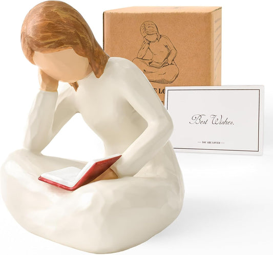 Cuayaes Home Decor Reading Thinker Statue Resin Aesthetic Sculpture Gifts for Women Book Lovers, Hand Painted Figurine for Bookshelf Office Table Living Room Decor, Graduation Gifts for Girls