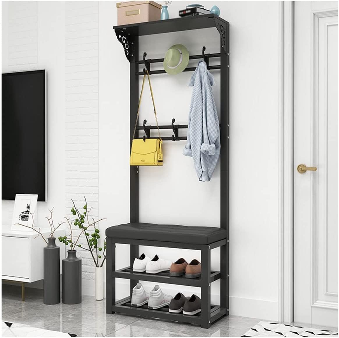 Elegante Panca portaoggetti a 2 Ripiani con scarpiera e Appendiabiti, Seduta Imbottita, in PU Nero, 100 cm, Ideale per organizzare Soggiorno e Camera da Letto, Mobile salvaspazio per l'ingre