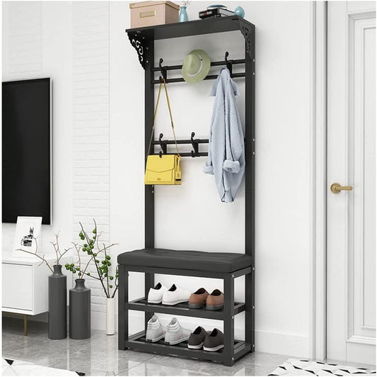 Elegante Panca portaoggetti a 2 Ripiani con scarpiera e Appendiabiti, Seduta Imbottita, in PU Nero, 100 cm, Ideale per organizzare Soggiorno e Camera da Letto, Mobile salvaspazio per l'ingre