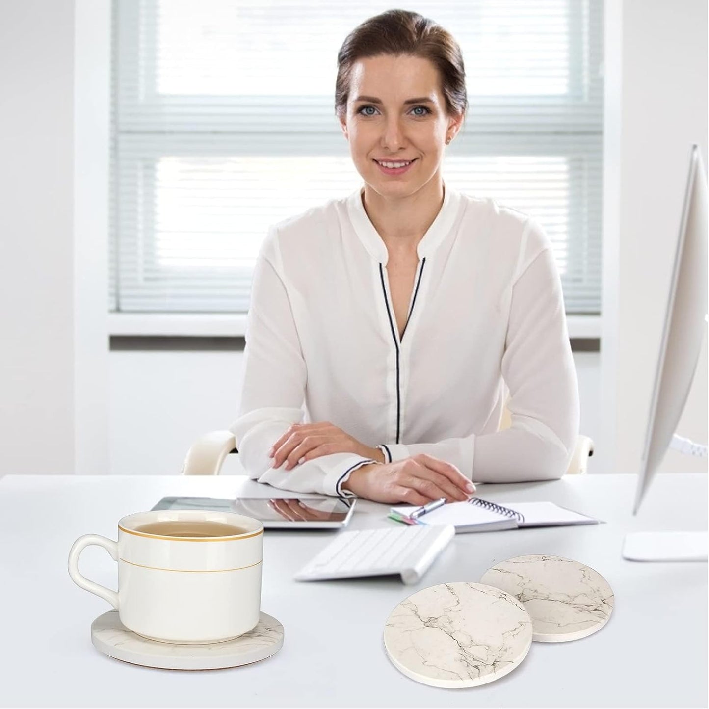 6 Pcs White Marble Coaster Set with Holder Best Absorbent Coasters Drink Stone Coasters Ceramic Wine Coasters Table Cup Coasters