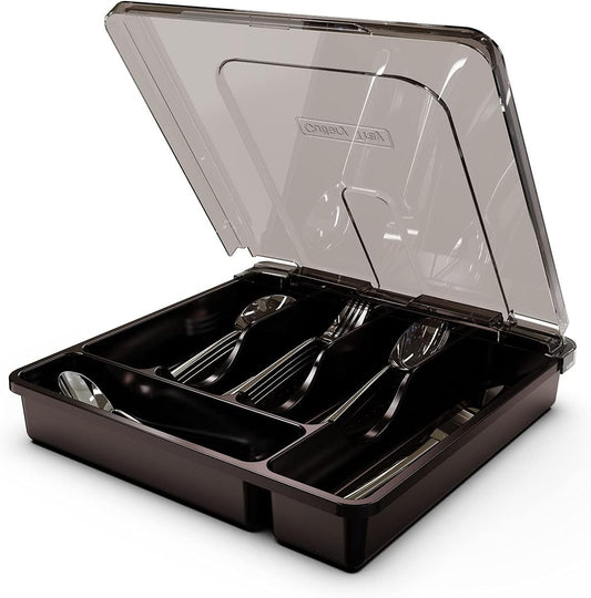QINOL Cutlery Organizer with Lid, Kitchen Drawer Organizer Plastic kitchen Utensil Organizer 5 Compartments for Cutlery Forks Spoons Knives, Large Cutlery Tray Drawer Organizer 12x12x2.7 Inch Black