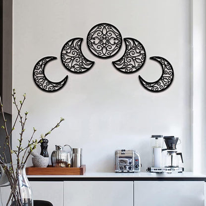 Moon Wall Decoration, Moon Phase Wall Art Decoration Hanging (5 Pieces) Nordic Wood Moon Appearance Natural Design Moon Interior, Boho Bedroom Decor Home Wall Decor (Black)