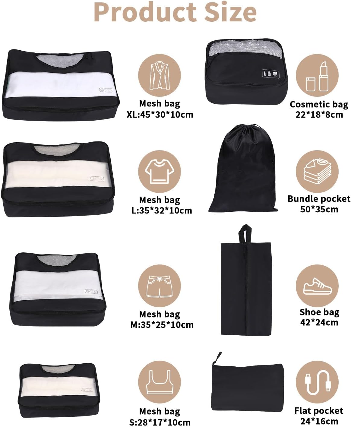 8 Pieces Space Saving Suitcase Organizer, Packing Cubes, Travel Travel Suitcase Organizer, Black
