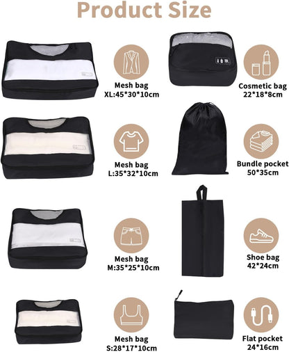 8 Pieces Space Saving Suitcase Organizer, Packing Cubes, Travel Travel Suitcase Organizer, Black