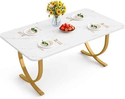 LITTLE TREE Dining Room Table, Kitchen Table with Faux Marble Table Top and Gold Metal Legs