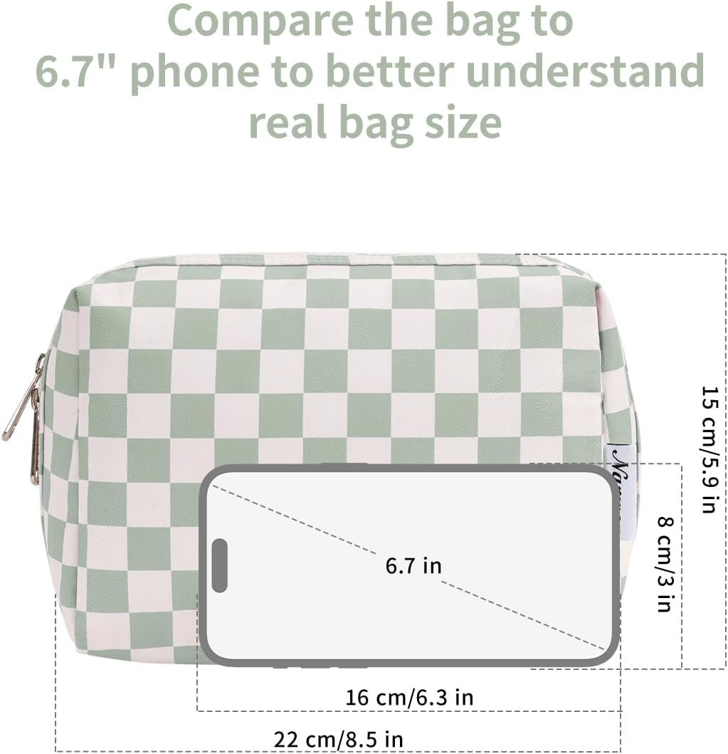 Narwey Checkered Makeup Bag Travel Cosmetic Bag Organizer Toiletry Bag Make Up Bags with Compartments for Women Girls (Large, Mint Green Checkerboard)
