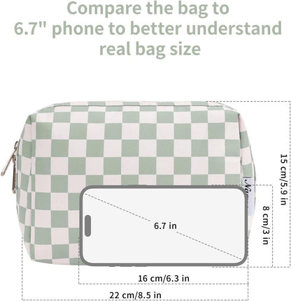 Narwey Checkered Makeup Bag Travel Cosmetic Bag Organizer Toiletry Bag Make Up Bags with Compartments for Women Girls (Large, Mint Green Checkerboard)