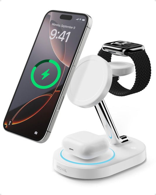 Intoval Fast Charging Station for Magsafe Apple Devices, Wireless Charger for iPhone, 3 in 1 Charger Stand for magsafe for iPhone 16/15/14/13/12, Apple Watch & AirPods. (White)