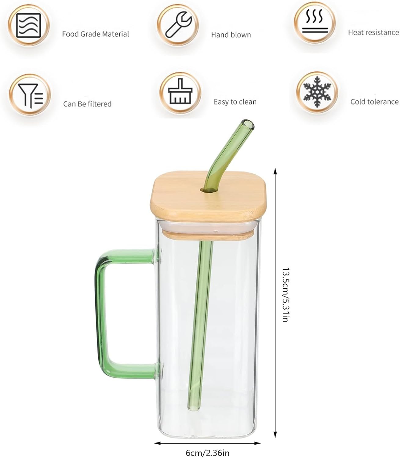Glass Drinking Cup 400ML Square Glass Tumbler with Handle Clear Coffee Cups with Lids and Straws Portable Water Bottles Milk Jar Can hold various beverages. (Transparent)