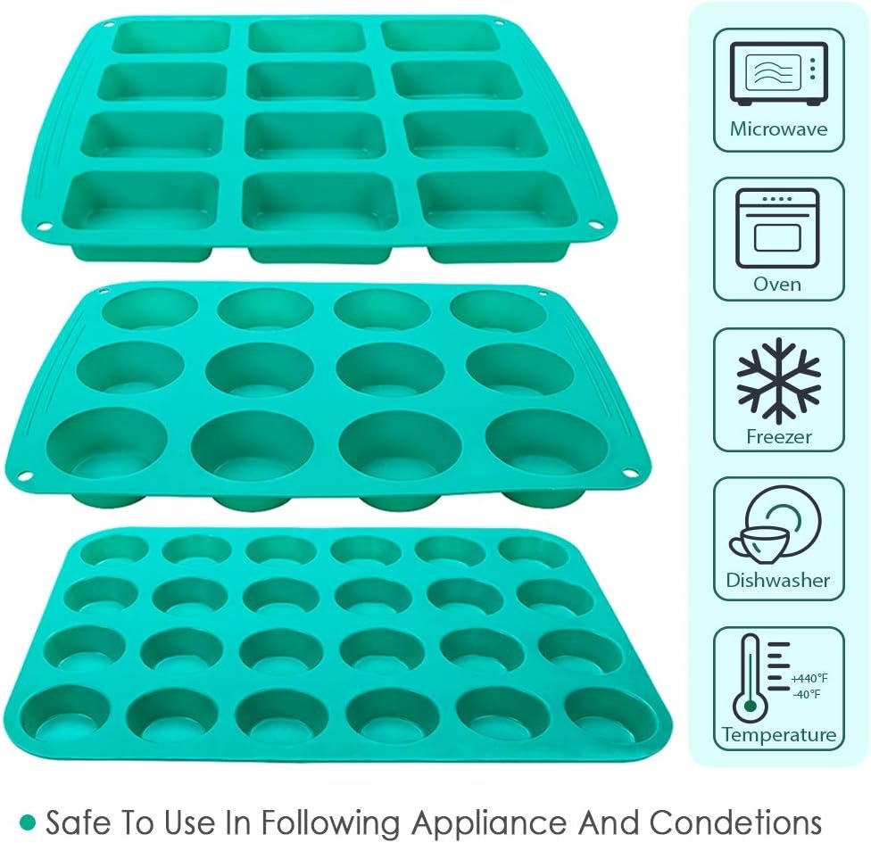 Webake Baking Pans Set of 3 Include Silicone Muffin Tin Pan, Mini Cupcake Pan, Mini Loaf Brownie Pan, Bakeware Combo Set