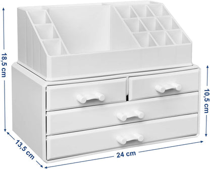 SONGMICS Makeup Organizer, Cosmetic Organizer with 4 Drawers and 16 Compartments of Different Sizes, Non-Slip Mats, for Make Up Accessories and Jewelry, White JKA0010TP