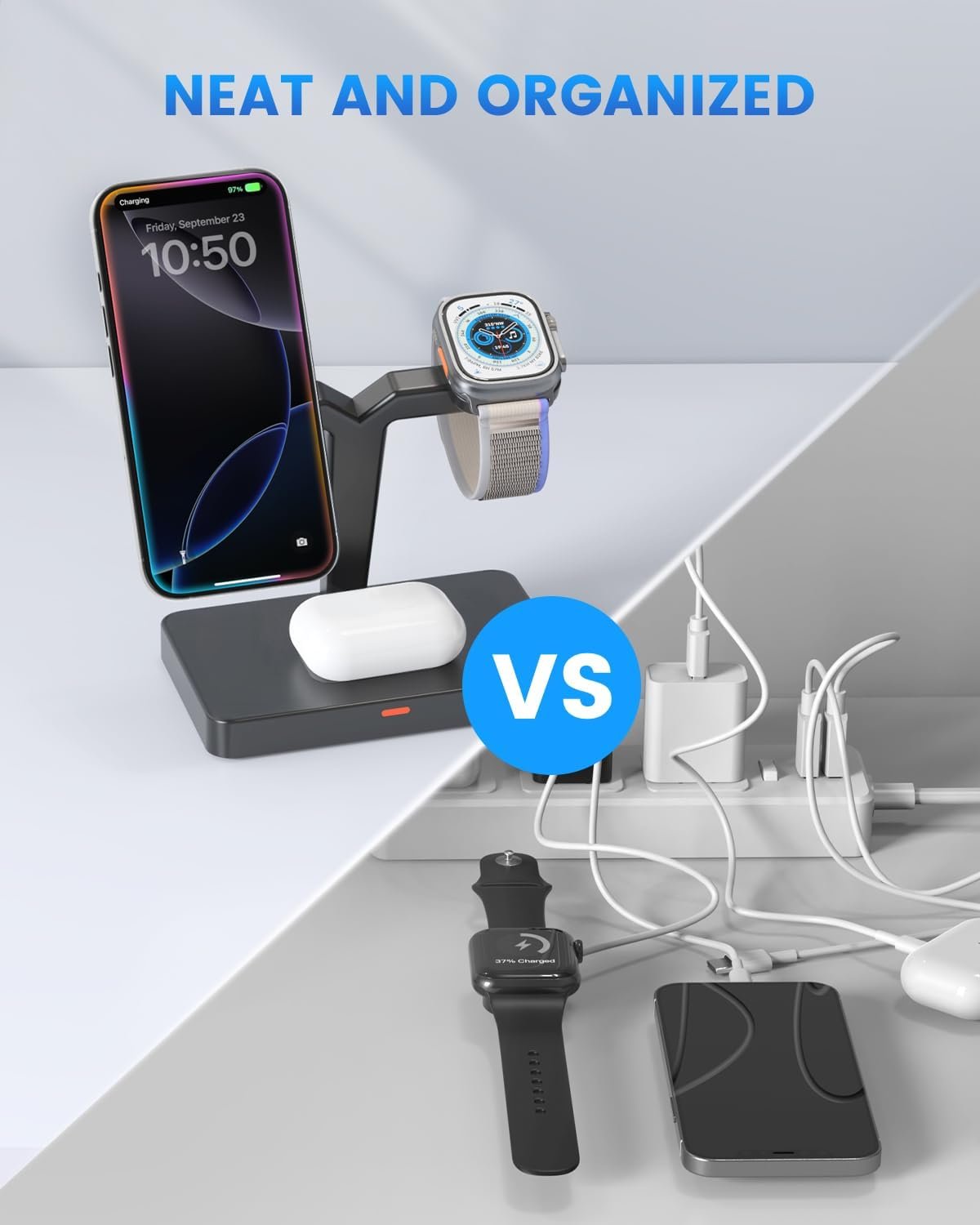 GEEKERA Magnetic 3 in 1 Wireless Charging Station, Fast Wireless Charger Stand Dock, Wireless Charger for iPhone 16/15/14/13/12 Pro Max, Apple Watch 9/8/7/6/SE/5/4/3/2, AirPods 3/2/Pro