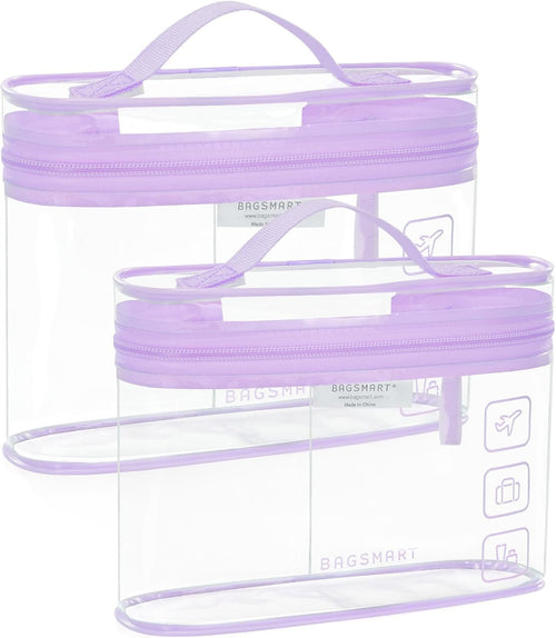 BAGSMART TSA Approved Toiletry Bag, Clear Makeup Cosmetic Bag Organizer, Quart Size Travel Bag for Toiletries, Carry-on Travel Accessories Essentials, Purple, 2 Pack