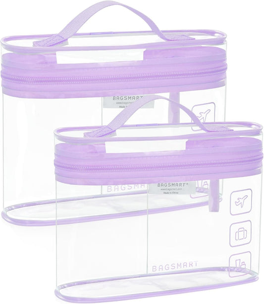 BAGSMART TSA Approved Toiletry Bag, Clear Makeup Cosmetic Bag Organizer, Quart Size Travel Bag for Toiletries, Carry-on Travel Accessories Essentials, Purple, 2 Pack
