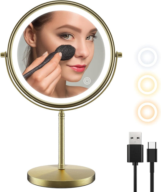 zelaxy Makeup Mirror 8 Inch, Vanity Mirror with Lights, Rechargeable Double Sided 1X 10X Magnifying Mirror, 3 Color Lighting, Touch Sensor Dimming, Brightness Adjustable(Bronze)