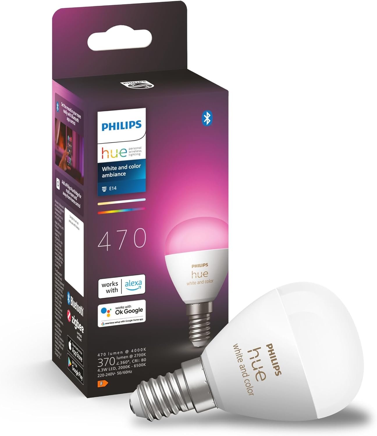 Philips Hue White and Colour Ambiance Luster Smart LED Light Bulb 1 Pack [E14 Edison Screw] for Indoor Home Lighting, Livingroom, Bedroom.