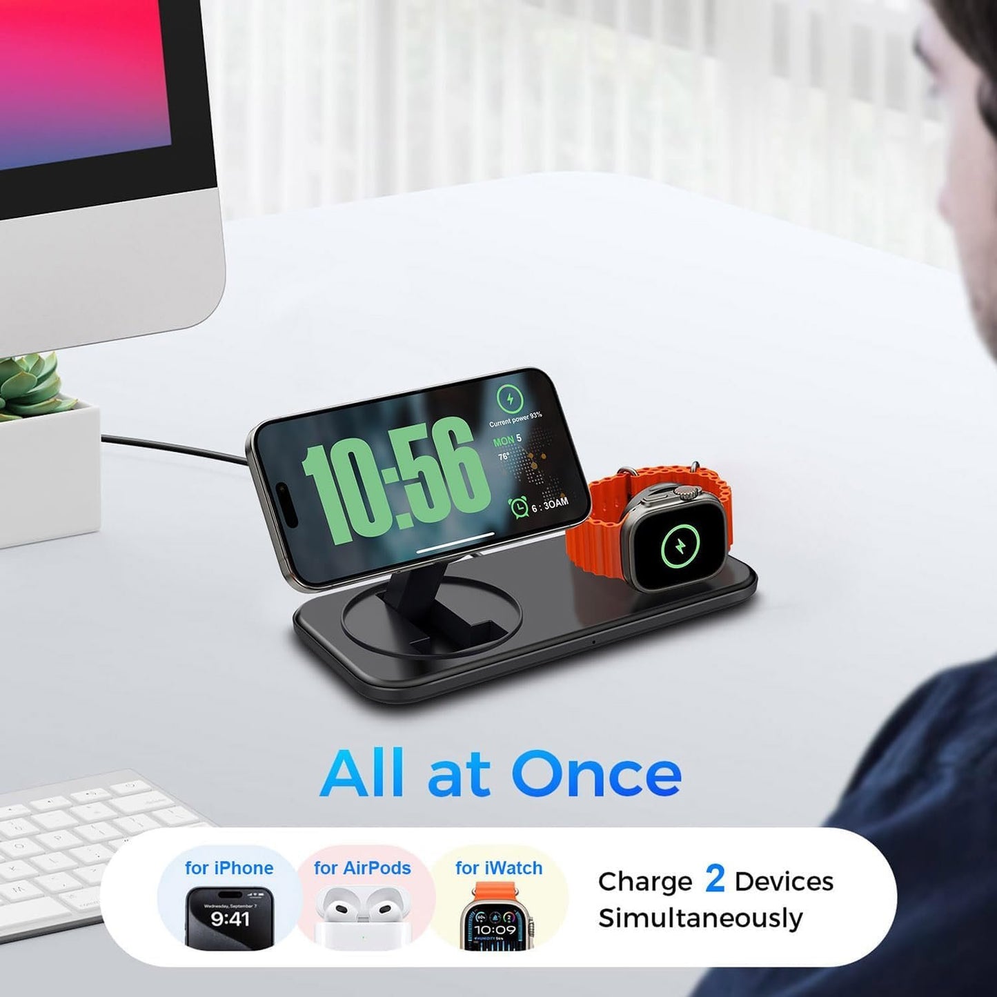 VNBBT 2 in 1 Wireless Charger for Mag-Safe Charging, 15W Fast Magnetic Wireless Charging Pad Stand for iPhone 16/15/14/13/12/Pro/Pro Max/Plus,AirPods,Apple Watch Series 10/9/8/7/6/SE/5/4/3/Ultra 2